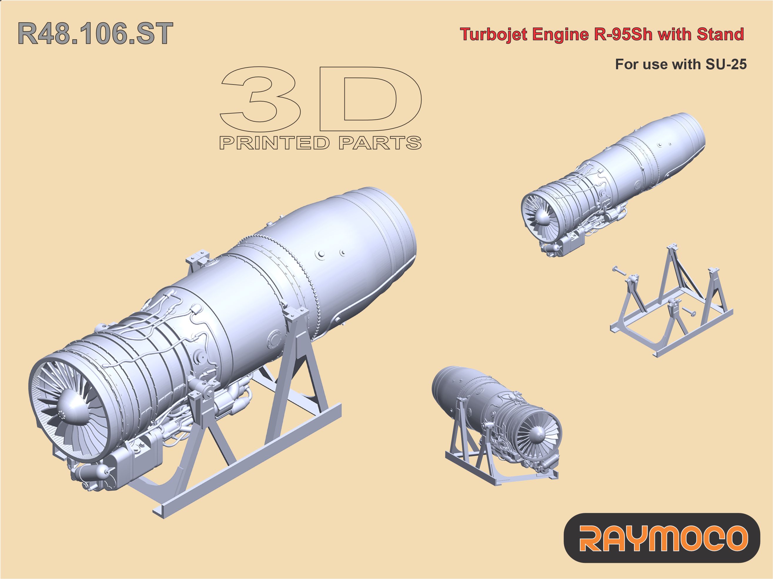 Additions (3D resin printing) 1/48 Turbo Jet Engine R-95SH/w Stand (Raymoco)