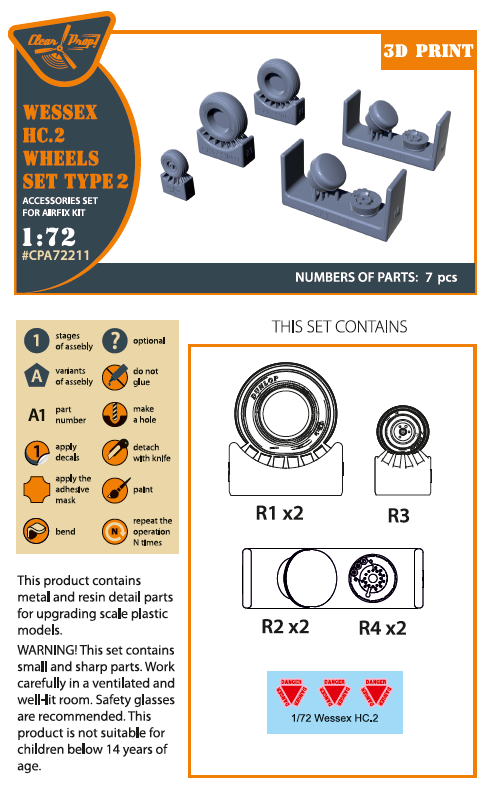 Additions (3D resin printing) 1/72 Westland Wessex HC.2 Wheel set type 2 (designed to be used with Airfix kits)