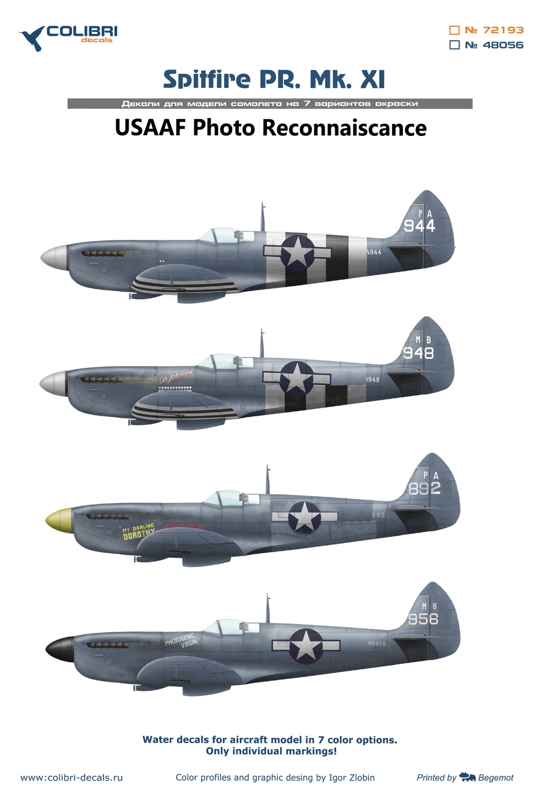 Decal 1/48 Spitfire PR. Mk. XI USAAF Photo Reconnaiscance (Colibri Decals)