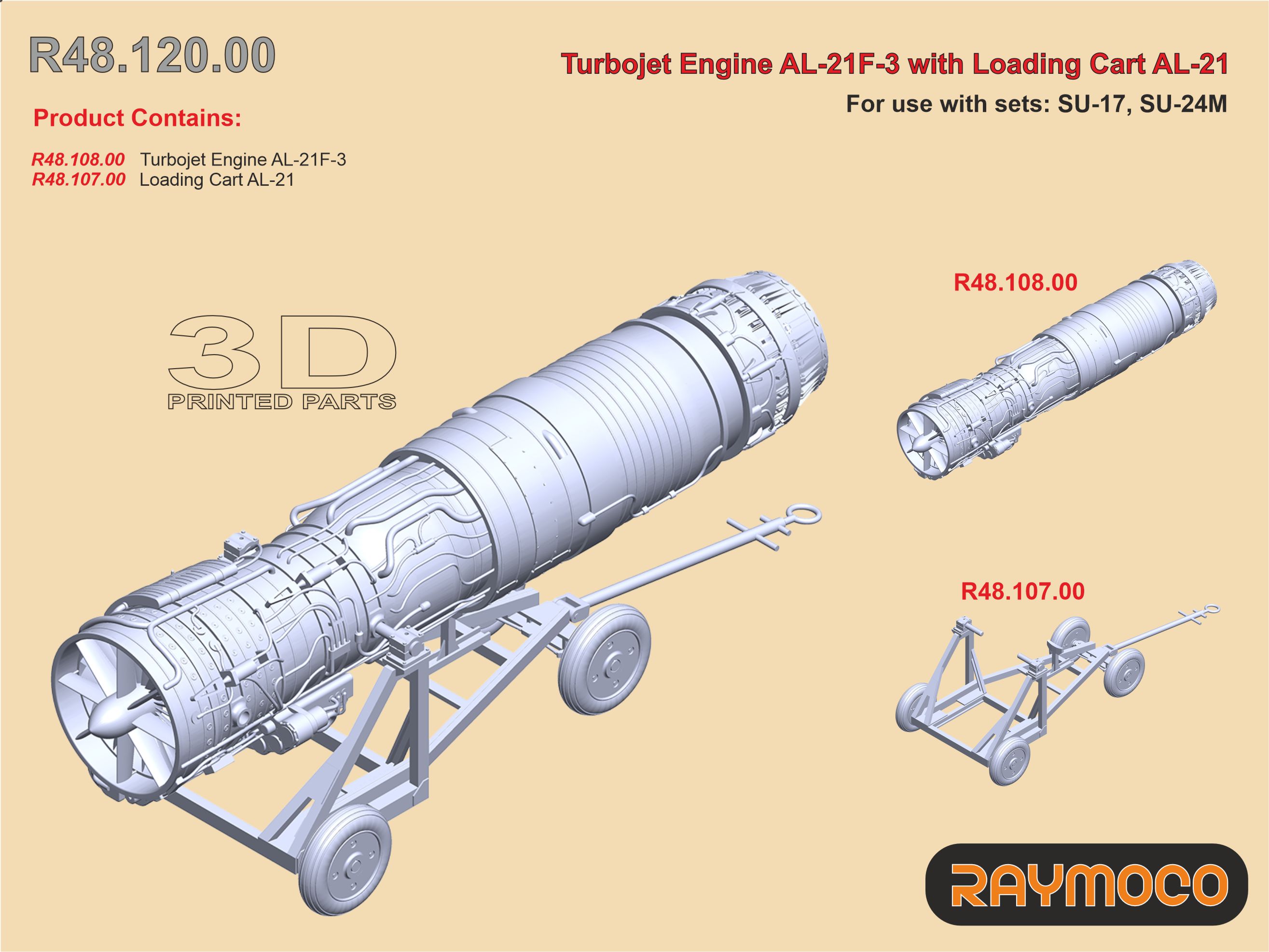 Additions (3D resin printing) 1/48 Turbo Jet Engine AL-21F-3 with Loading Cart AL-21 (Raymoco)