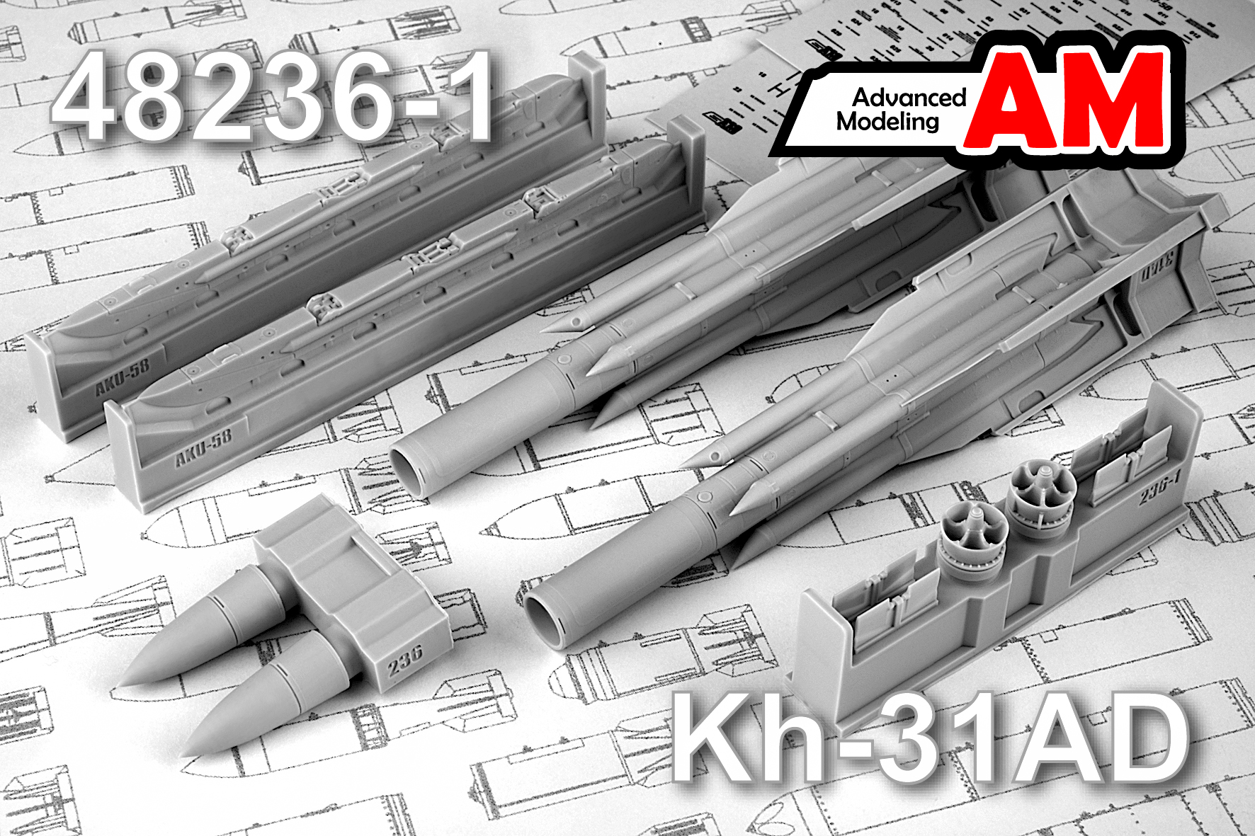 Additions (3D resin printing) 1/48 Aircraft guided missile Kh-31AD with launcher AKU-58 (Advanced Modeling) 