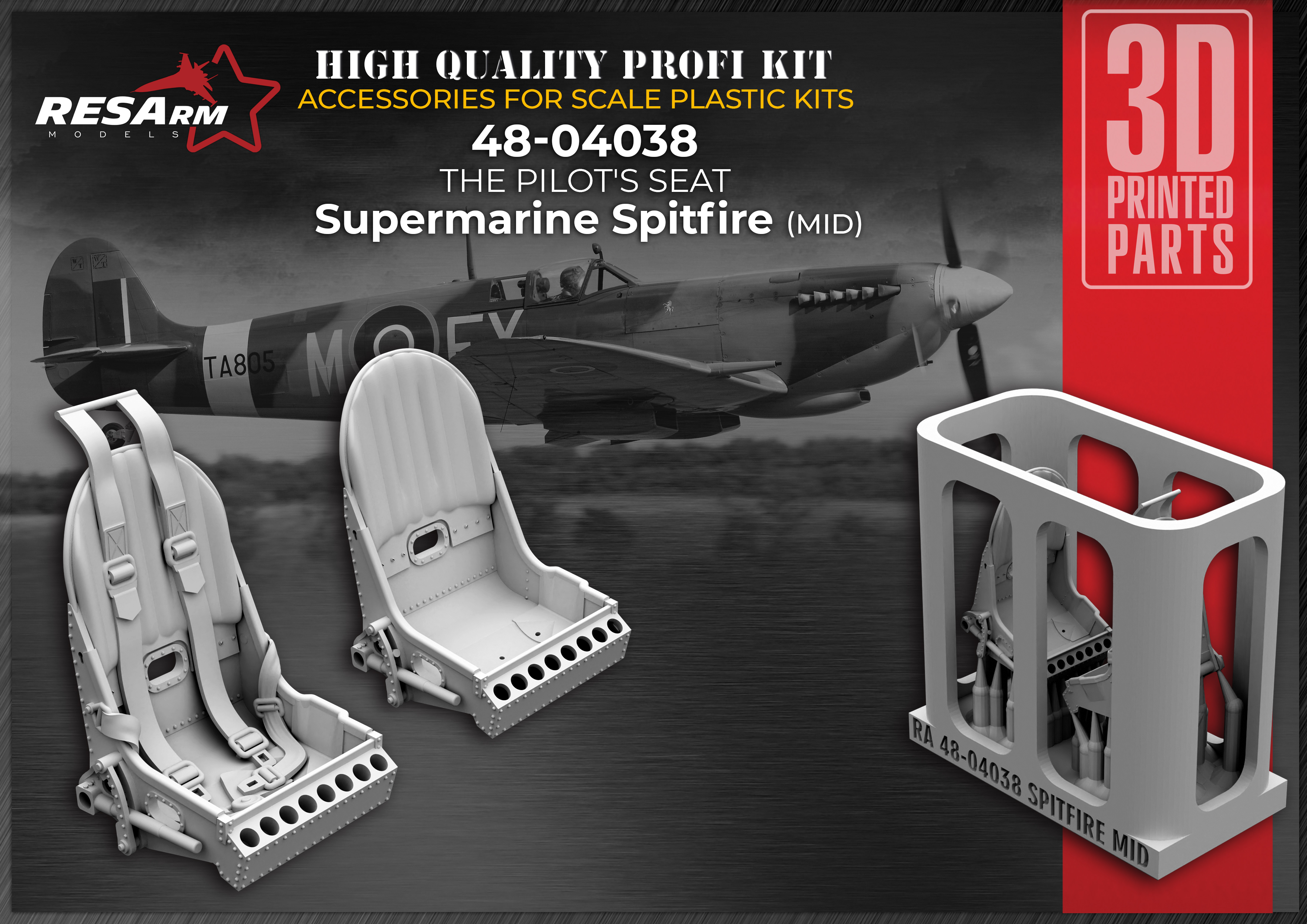 Additions (3D resin printing) 1/48 Supermarine Spitfire (var 2) pilot's seat(RESArm)