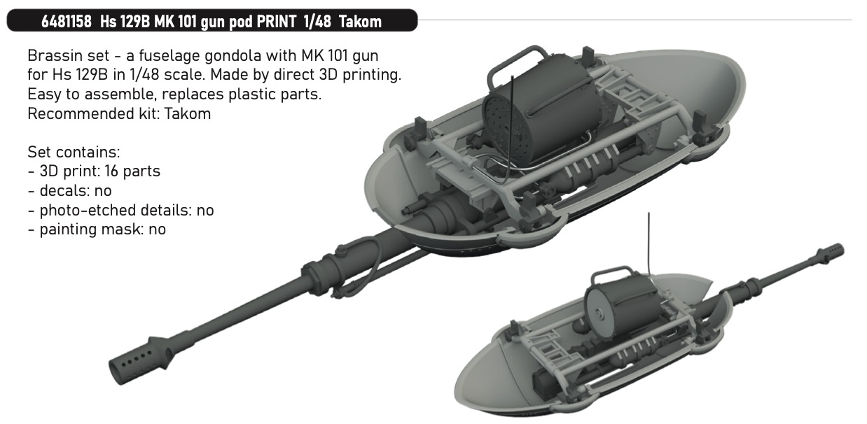 Additions (3D resin printing) 1/48 Henschel Hs-129B MK 101 gun pod (3D-Printed) 1/48 (designed to be used with Takom kits)