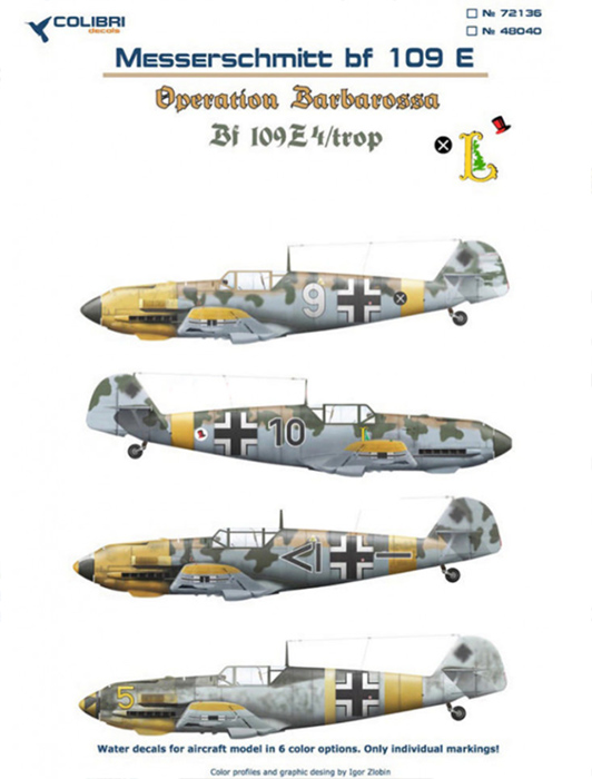 Decal 1/72 Bf-109 E trop (Operation Barbarossa) (Colibri Decals)