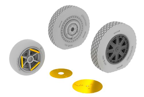 Additions (3D resin printing) 1/32       Bell P-39Q/N late wheels with weighted tyre effect (designed to be used with Kitty Hawk Model kits) 