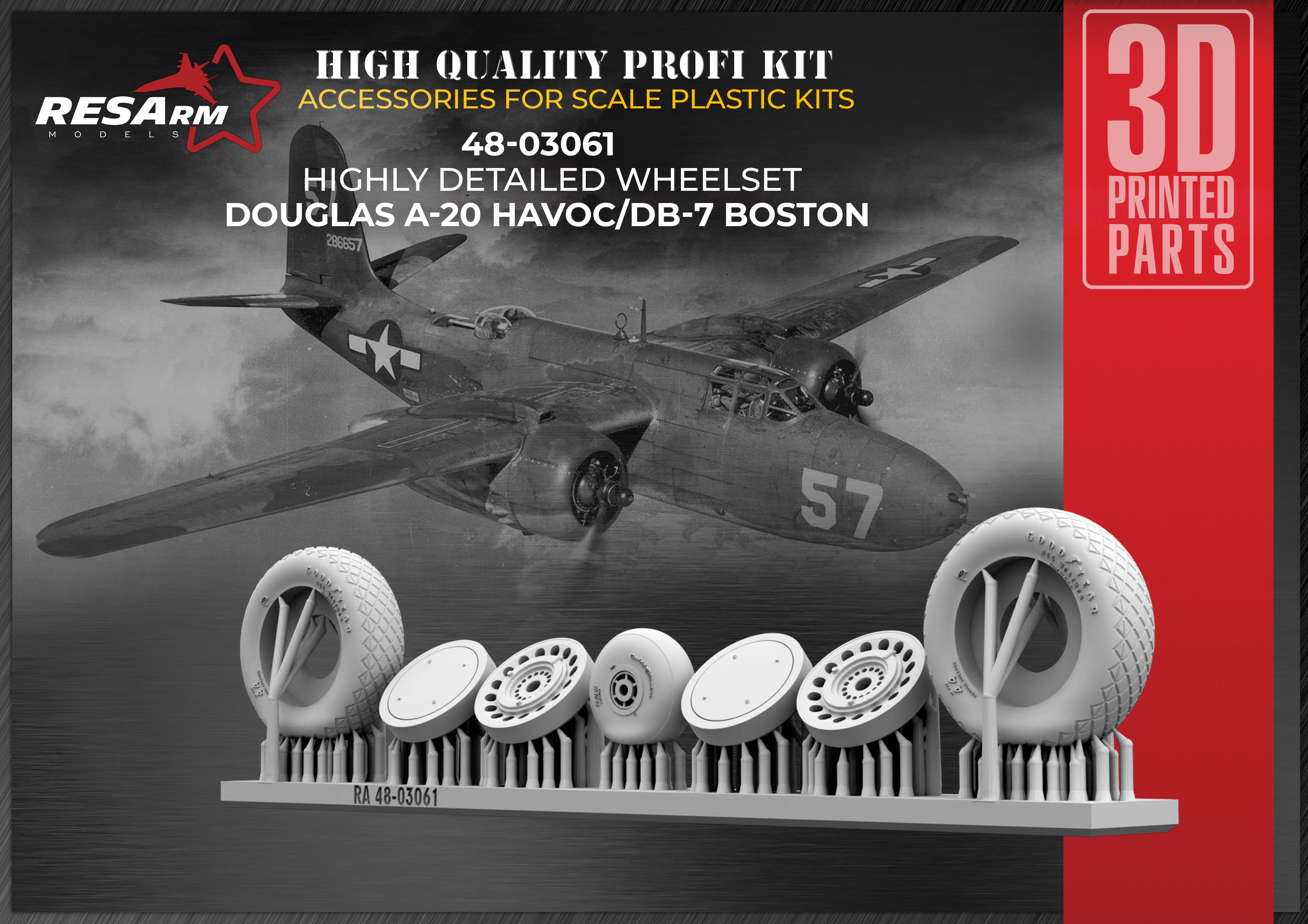 Additions (3D resin printing) 1/48 Douglas A-20 Havoc/DB-7 Boston Wheels under load (RESArm)
