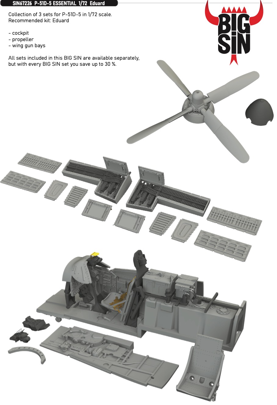 Additions (3D resin printing) 1/72 North-American P-51D-5 Mustang ESSENTIAL (designed to be used with Eduard kits)