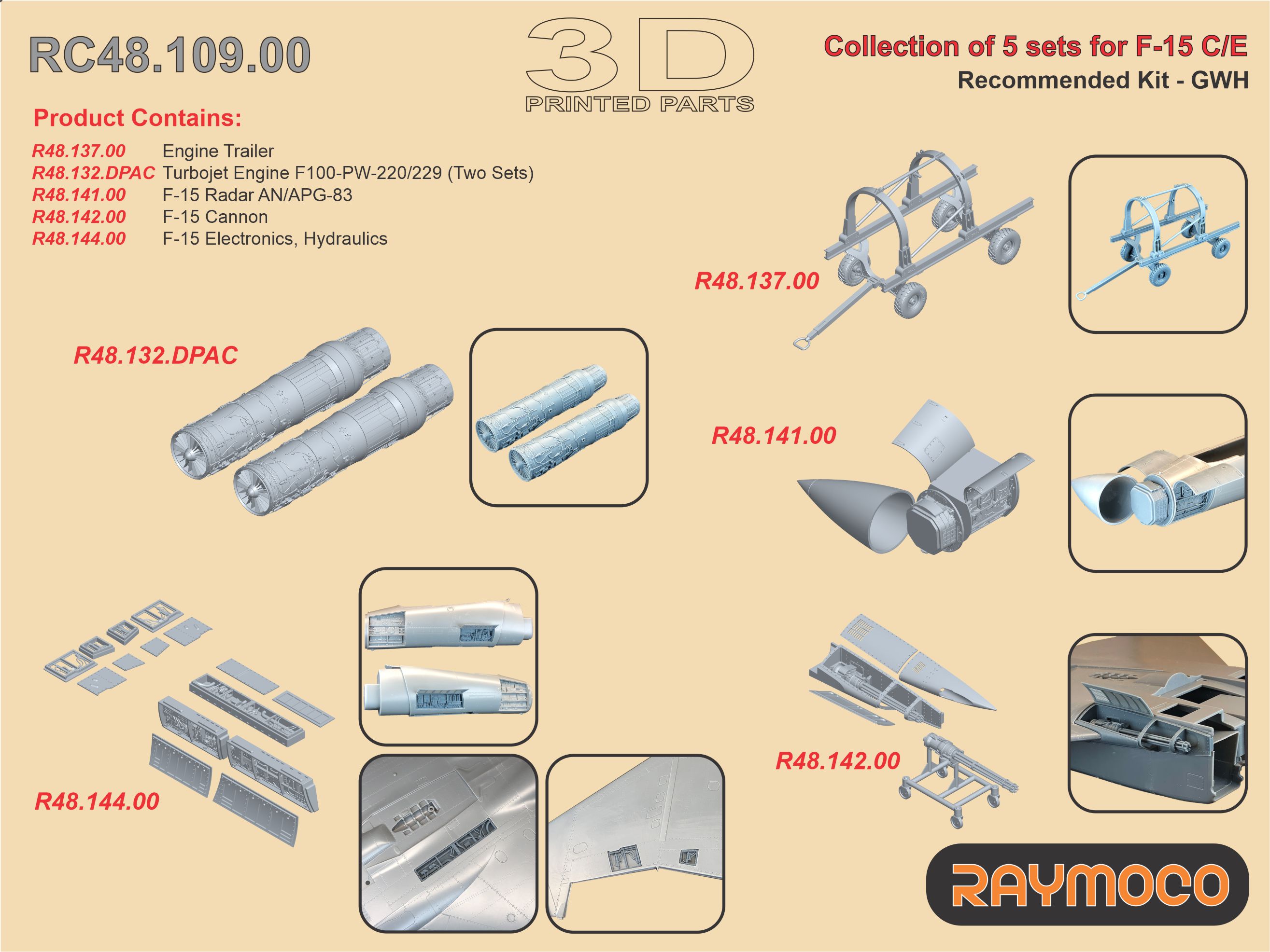 Additions (3D resin printing) 1/48 Collection of 5 sets for F-15 C/E (GWH) (Raymoco)