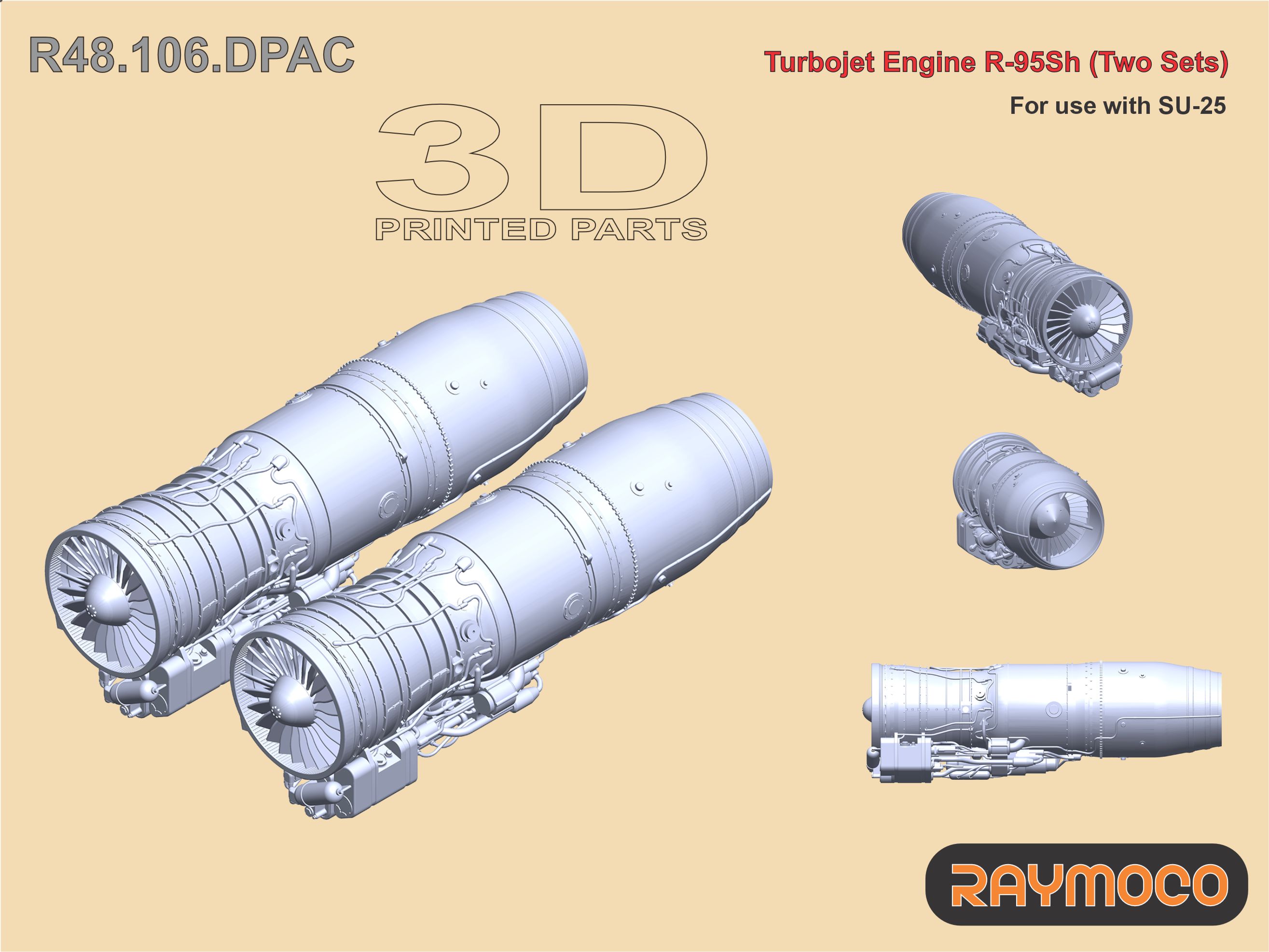 Additions (3D resin printing) 1/48 Turbo Jet Engine R-95SH/w Stand (2 Sets) (Raymoco)