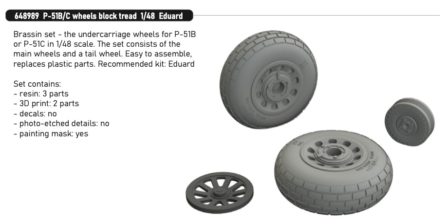 Additions (3D resin printing) 1/48 North-American P-51B/P-51C wheels block tread 1/48 (designed to be used with Eduard kits)