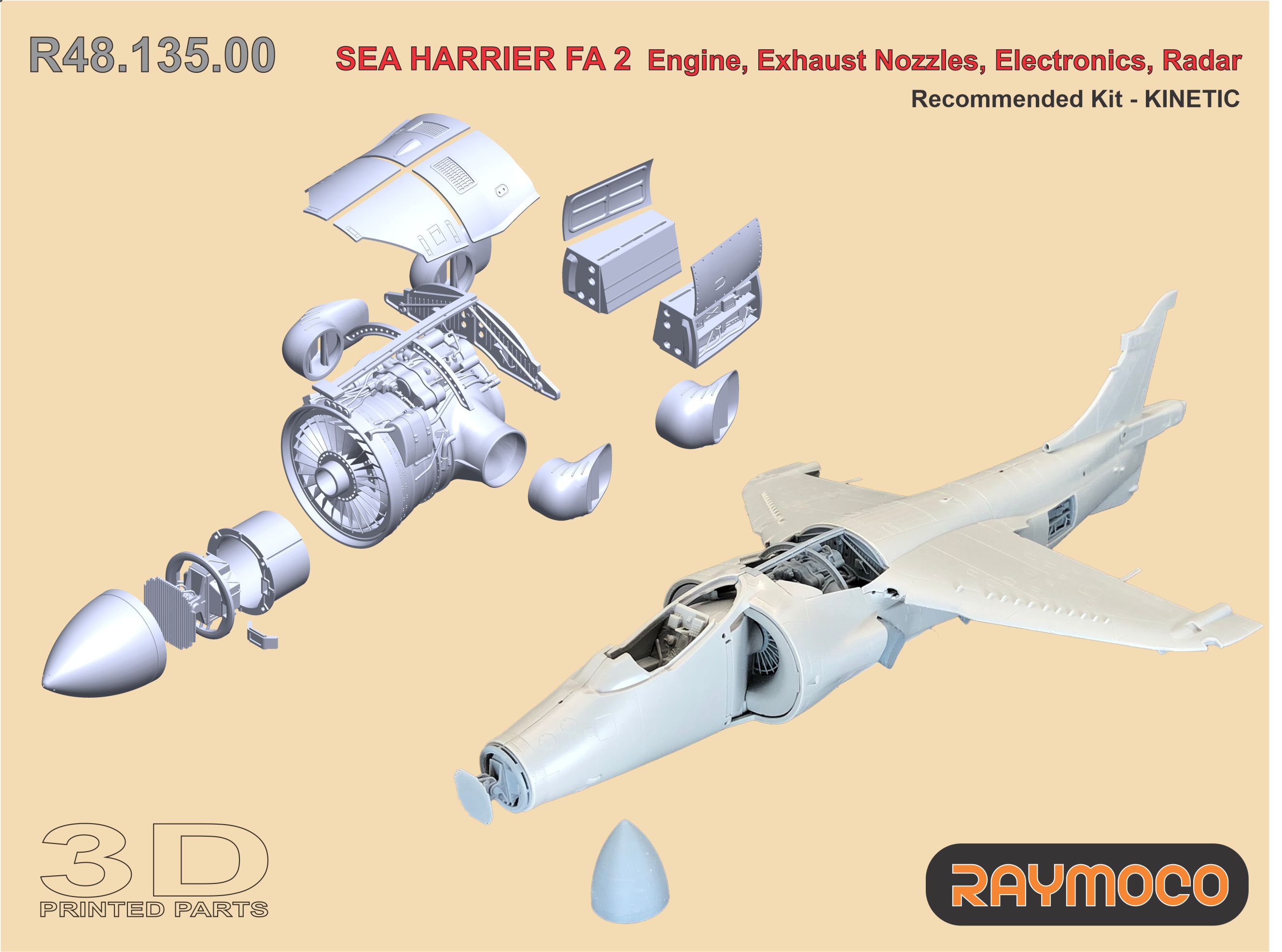 Additions (3D resin printing) 1/48 SEA HARRIER FA 2 Engine, Exhaust Nozzles, Electronics, Radar. (Raymoco)