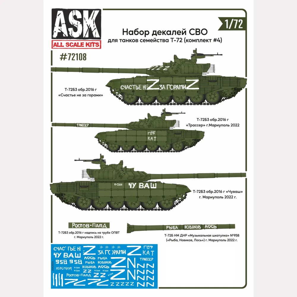 Decal 1/72 A set of SMO decals (for tanks of the T-72 family, "Happiness is just around the corner", "Chuvash"...) #4 (ASK)
