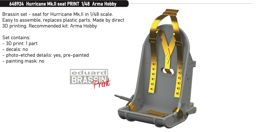 Additions (3D resin printing) 1/48 Hawker Hurricane Mk.IIB/Mk.IIC seat 3D-Printed (designed to be used with Arma Hobby kits) 