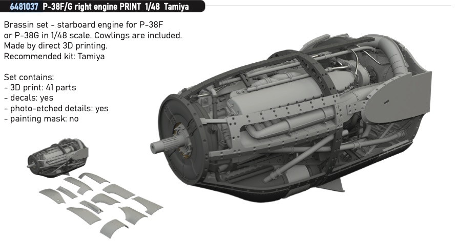 Additions (3D resin printing) 1/48 Lockheed P-38F/P-38G Lightning right engine (3D-Printed) 1/48 (designed to be used with Tamiya kits)
