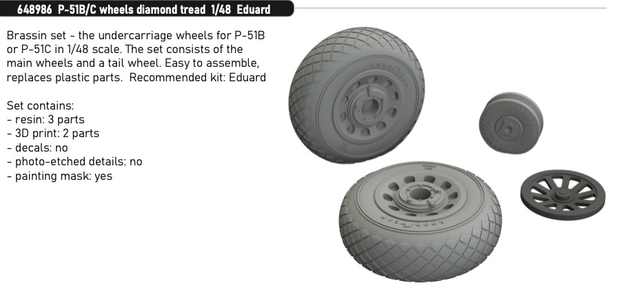 Additions (3D resin printing) 1/48 North-American P-51B/P-51C wheels diamond tread 1/48 (designed to be used with Eduard kits)