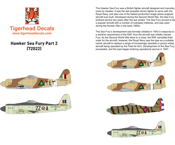 Decal 1/72 Hawker Sea Fury FB.11 Part 2 Iraq, Cuba, Canada  (Tigerhead Decals)