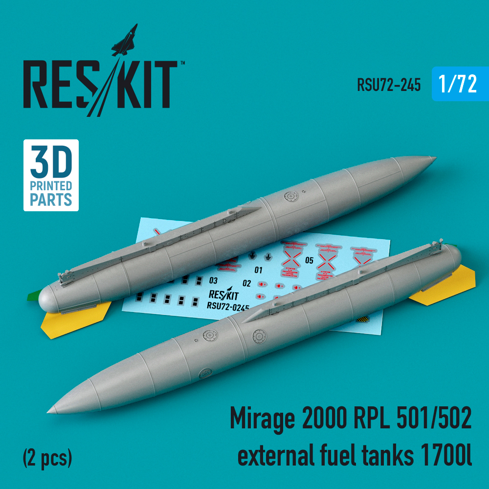 Additions (3D resin printing) 1/72 Dassault-Mirage 2000 RPL 501/502 external fuel tanks 1700lt (2 pcs)  (ResKit)