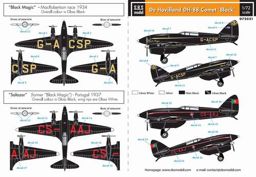 Decal 1/72 de Havilland DH-88 Comet 'Black' (Black magic & Salazar) (SBS Model)