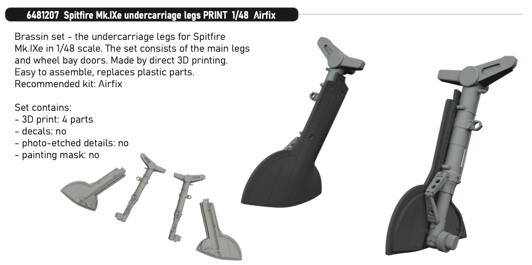 Additions (3D resin printing) 1/48 Supermarine Spitfire Mk.IXe undercarriage legs 3D-printed 1/48 (designed to be used with Airfix kits)