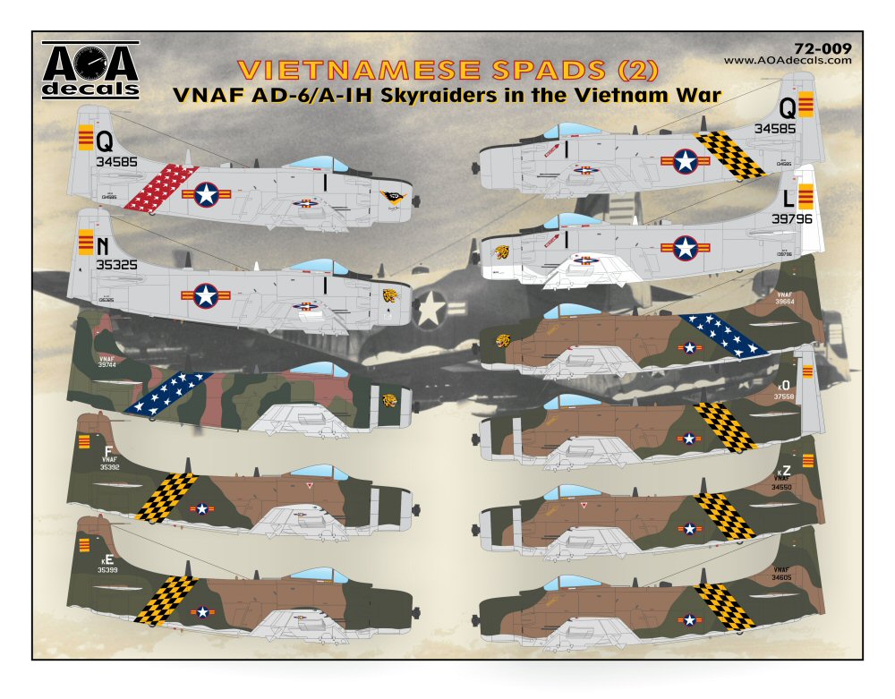 Decal 1/72 VIETNAMESE SPADS (2) VNAF Douglas AD-6/A-1H Skyraiders in the Vietnam War (AOA Decals)