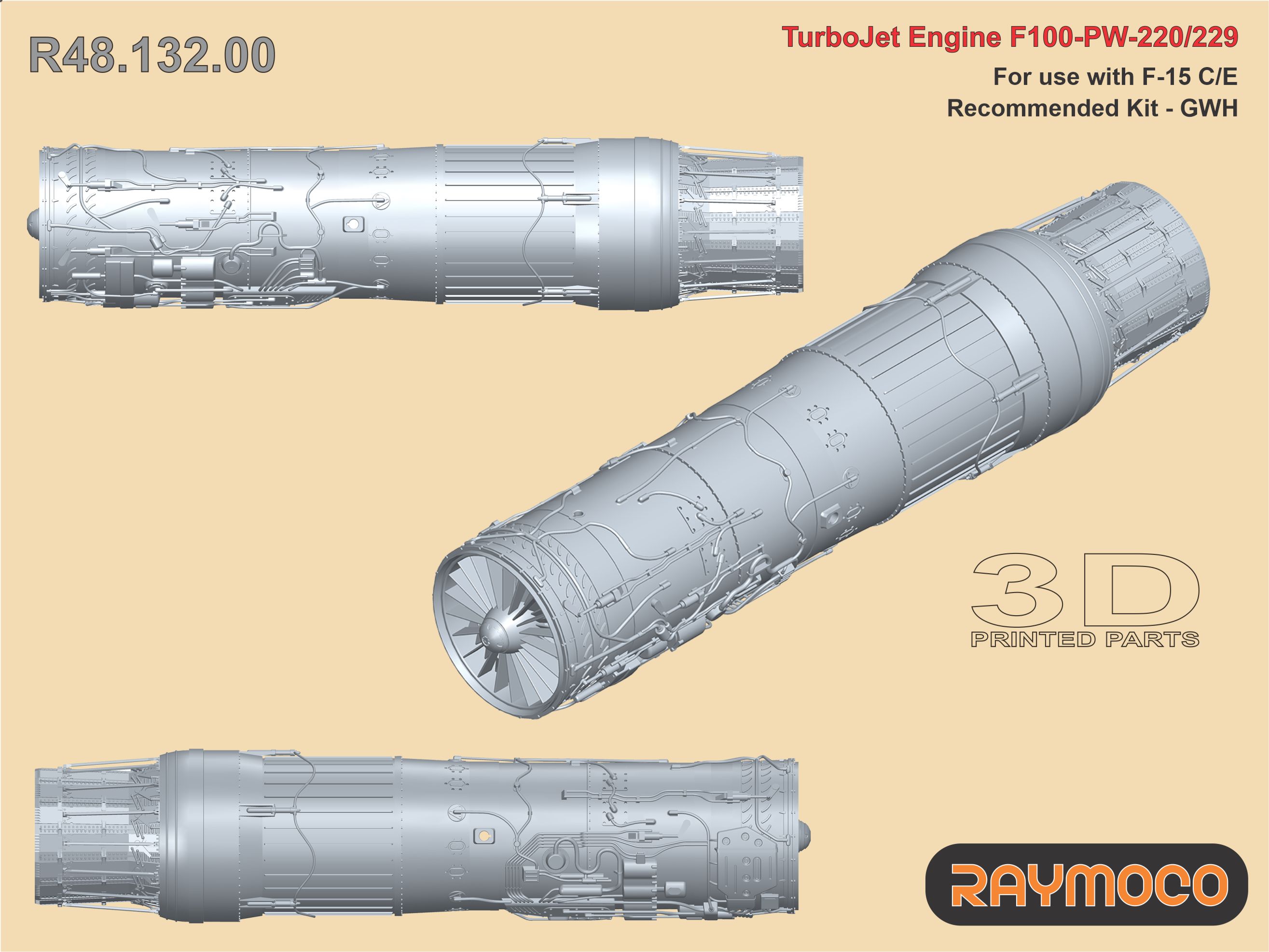 Additions (3D resin printing) 1/48 Turbo Jet Engine F100-PW-220/229 (Raymoco)