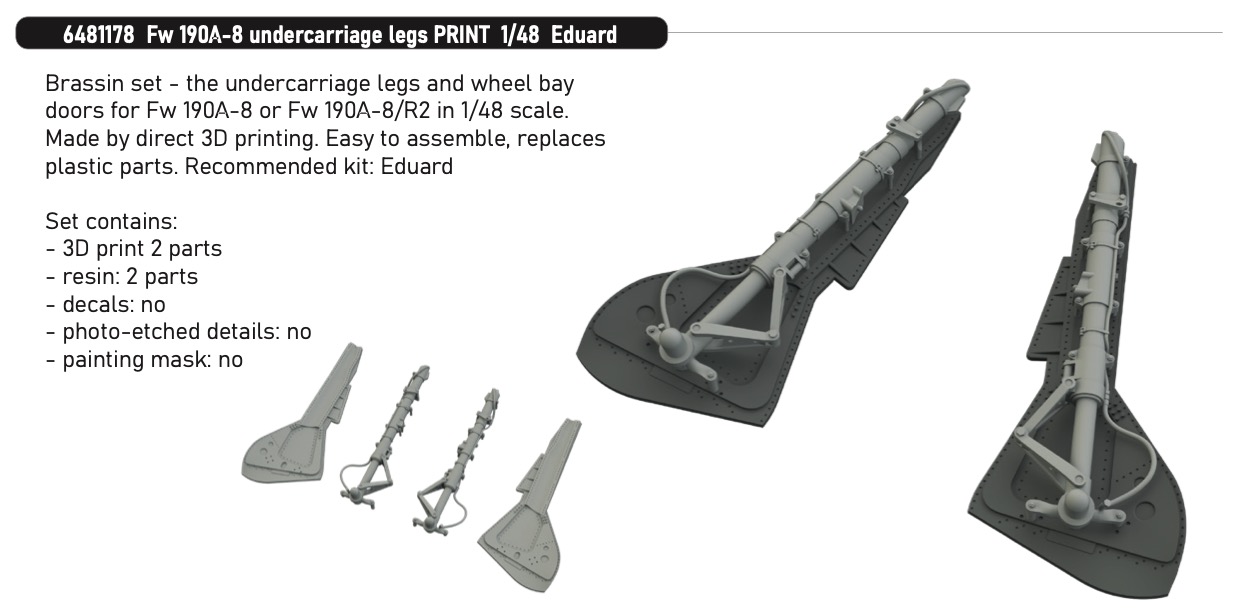 Additions (3D resin printing) 1/48 Focke-Wulf Fw-190A-8 undercarriage legs (3D-Printed) 1/48 (designed to be used with Eduard kits)