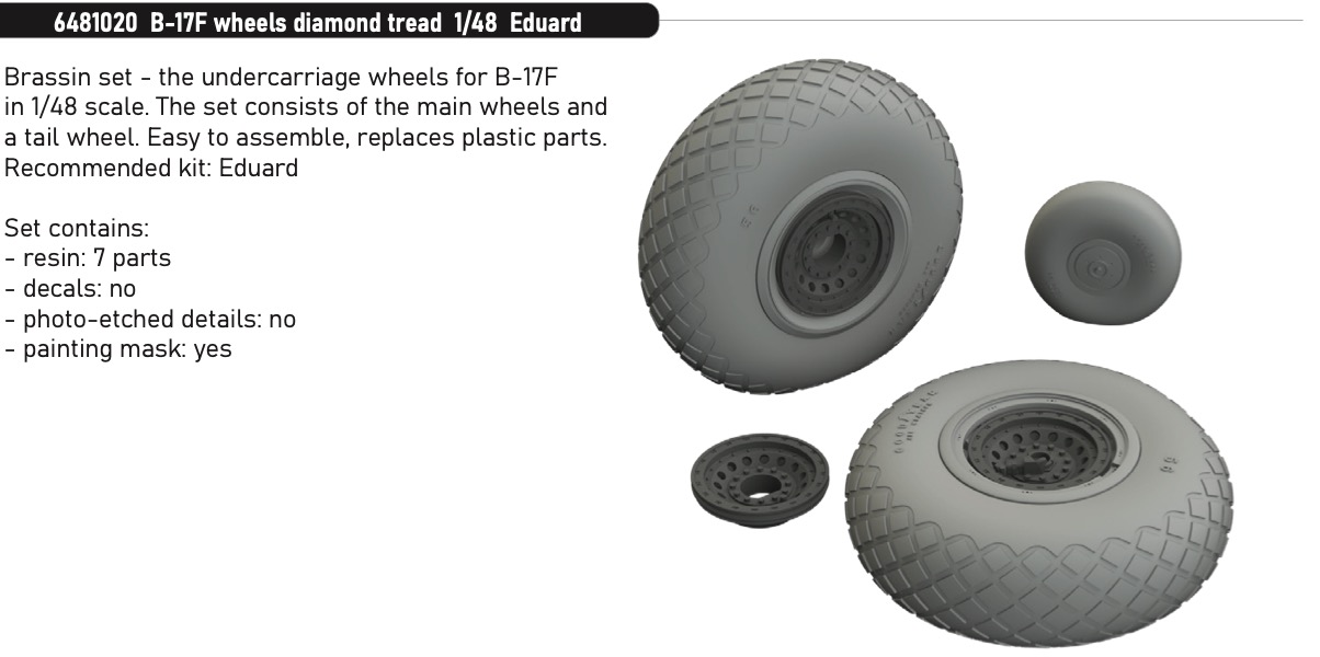 Additions (3D resin printing) 1/48 Boeing B-17F Flying Fortress wheels diamond tread 1/48 (designed to be used with Eduard kits)