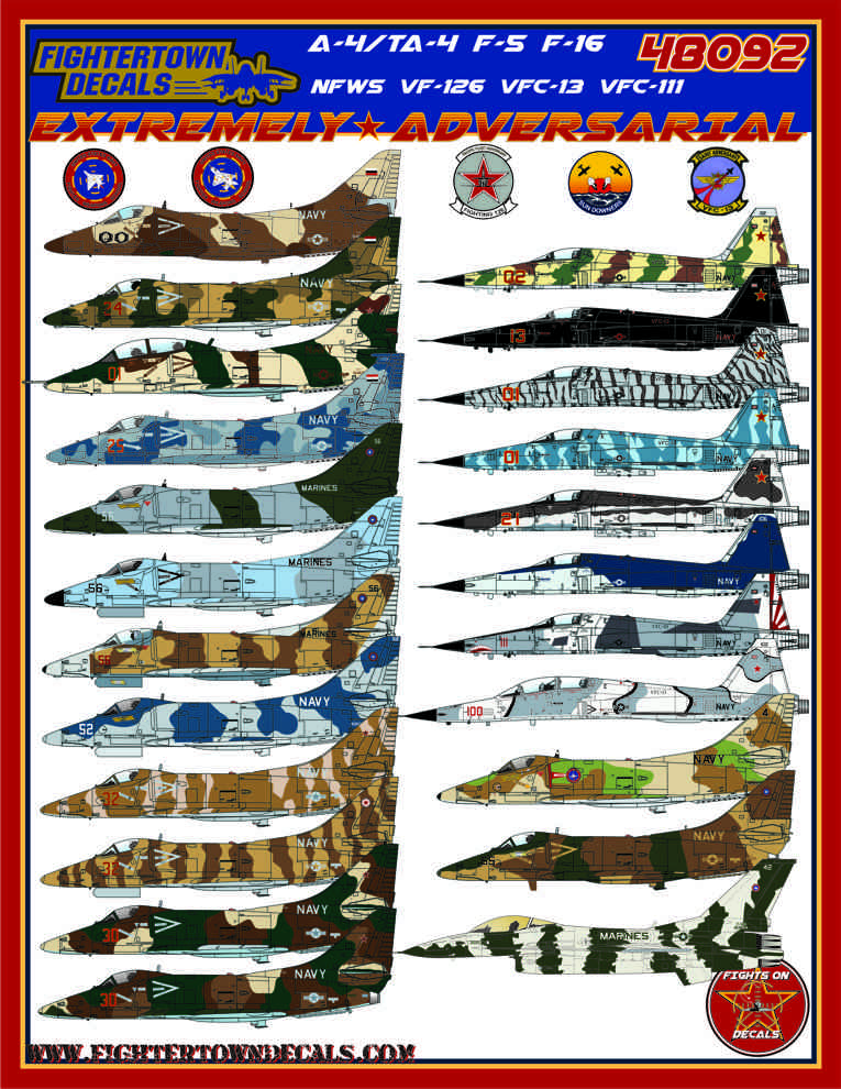 Decal 1/48  Extremely Adversarial. Douglas A-4E, A-4F, TA-4J Skyhawk, Lockheed-Martin F-16N, Northrop F-5E, F-5F