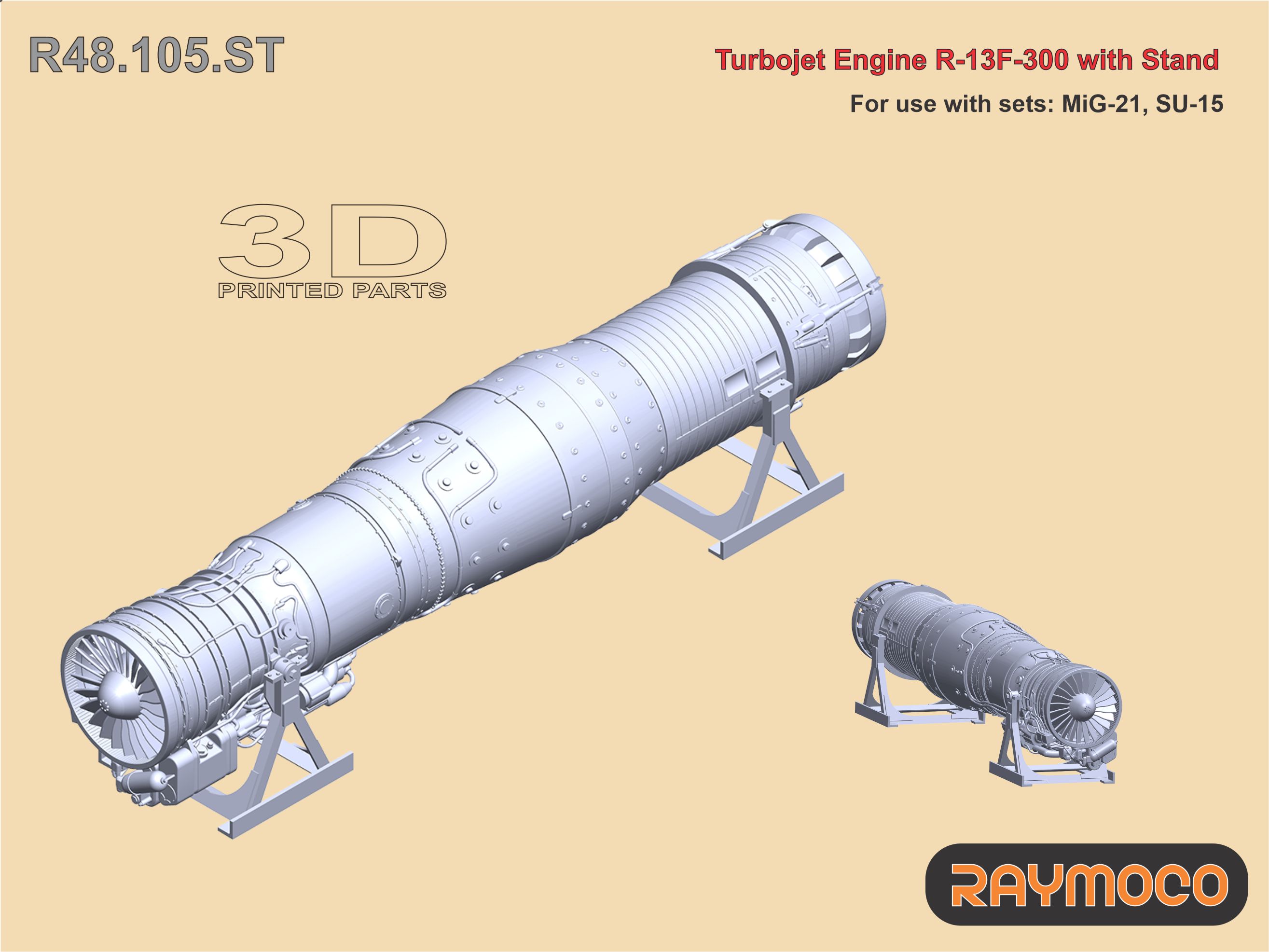 Additions (3D resin printing) 1/48 Turbo Jet Engine R-13F-300/w Stand (Raymoco)