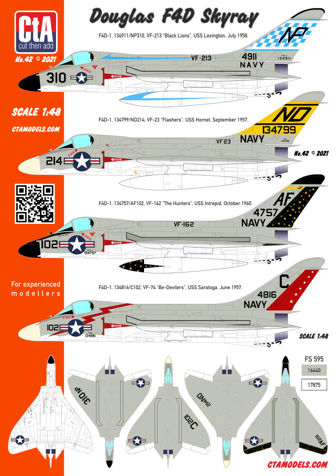 Decal 1/48 Douglas F4D Skyray - 4 marking options: VF-23, VF-74, VF-162, VF-213 (Cut then Add)