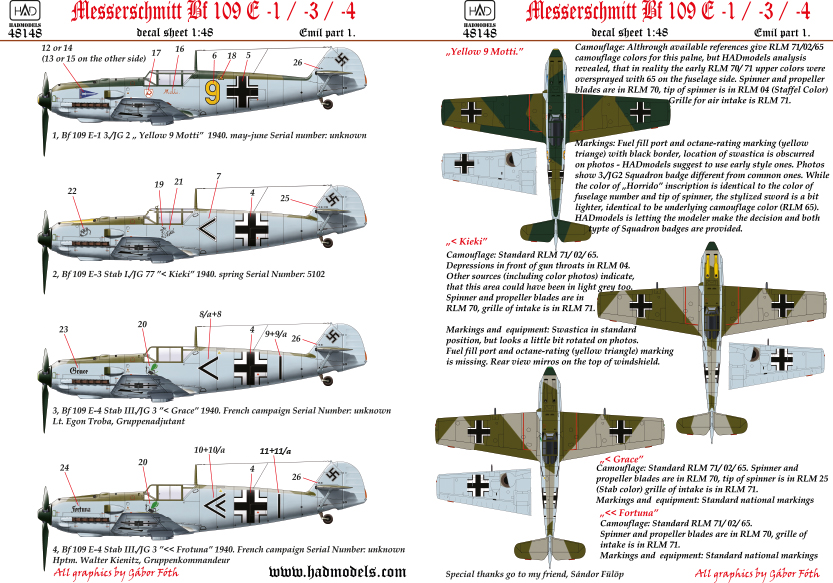 Decal 1/48 Bf 109E1/E3/E4 (4x camo) Part 1 (HAD)