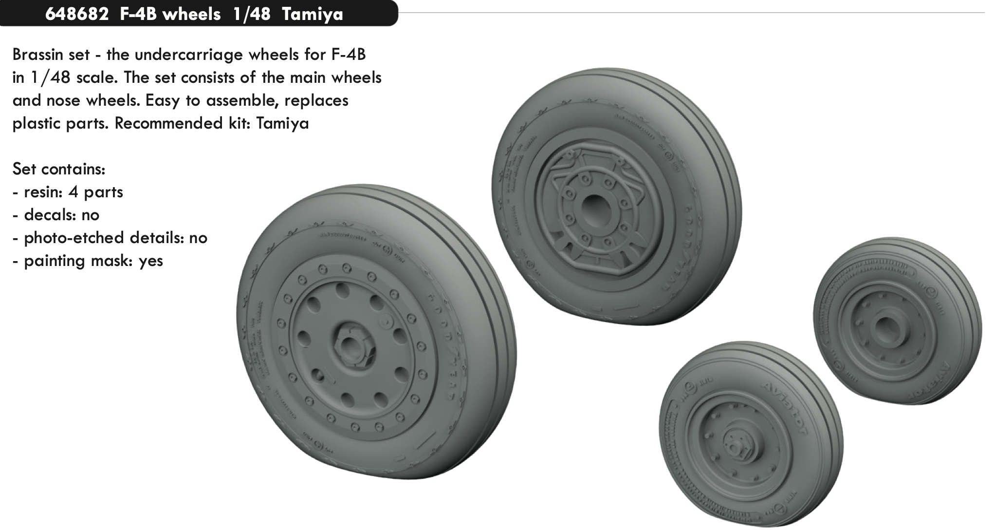 Additions (3D resin printing) 1/48 McDonnell F-4B Phantom wheels with weighted tyre effect (designed to be used with Tamiya kits)