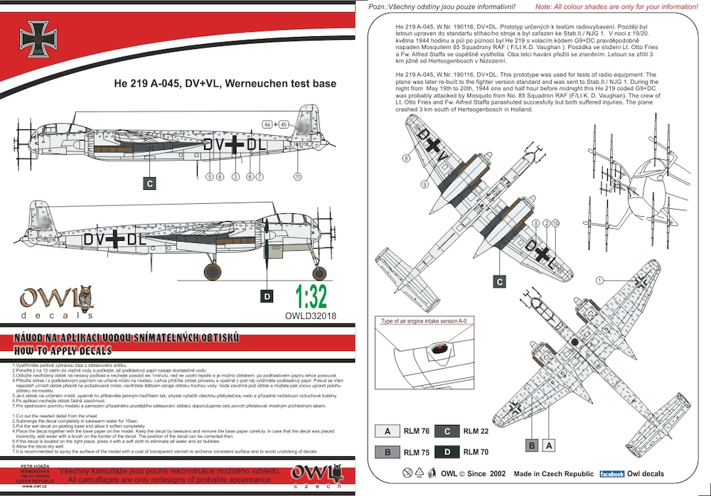 Decal 1/32 Heinkel He219A (V-045, DV+VL, Werneuchen test base) (Owl Decals)