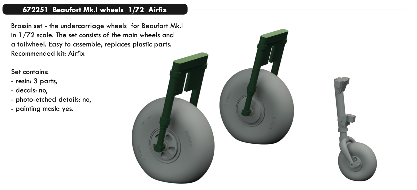 Additions (3D resin printing) 1/72 Bristol Beaufort Mk.I wheels with weighted tyre effect (designed to be used with Airfix kits)