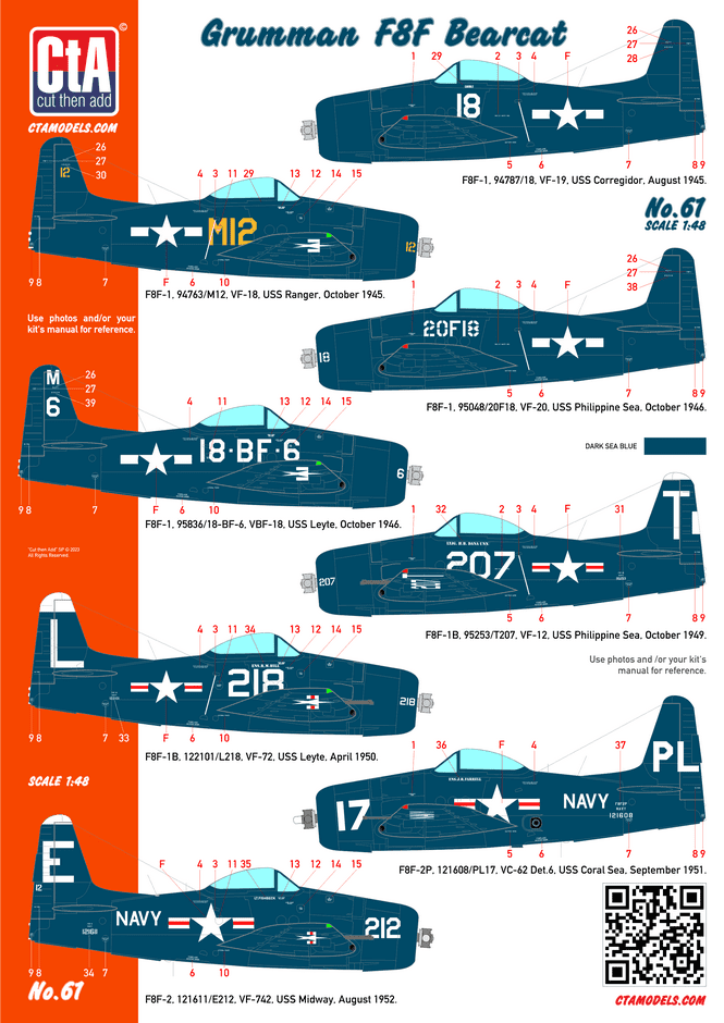 Decal 1/48 Grumman F8F Bearcat - All types of this aircraft, USN, 8 Markings (Cut then Add)