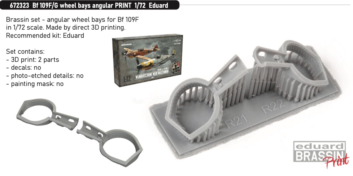 Additions (3D resin printing) 1/72 Messerschmitt Bf-109F/G wheel bays angular 3D-Printed (designed to be used with Eduard kits) 