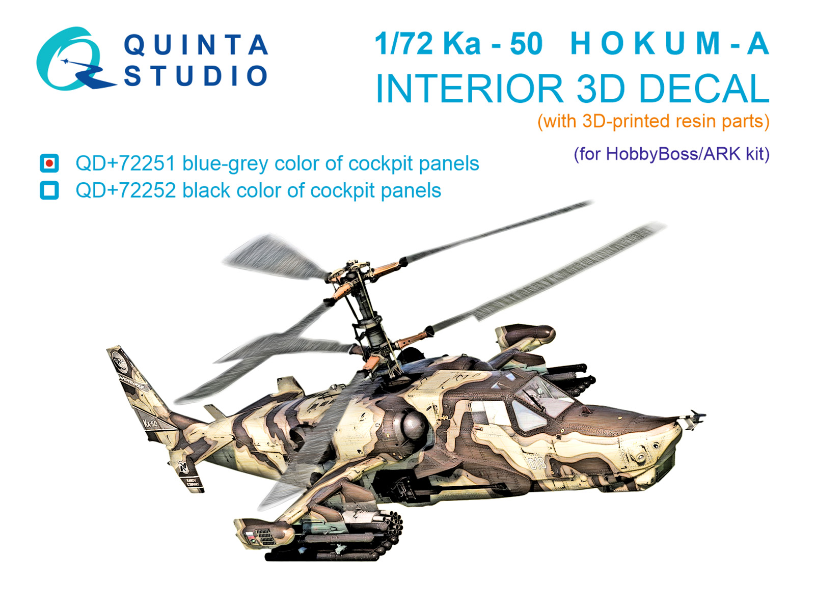 Ka-50 (blue-grey panels) 3D-Printed & coloured Interior on decal paper (HobbyBoss/ARK) (with 3D-printed resin parts)