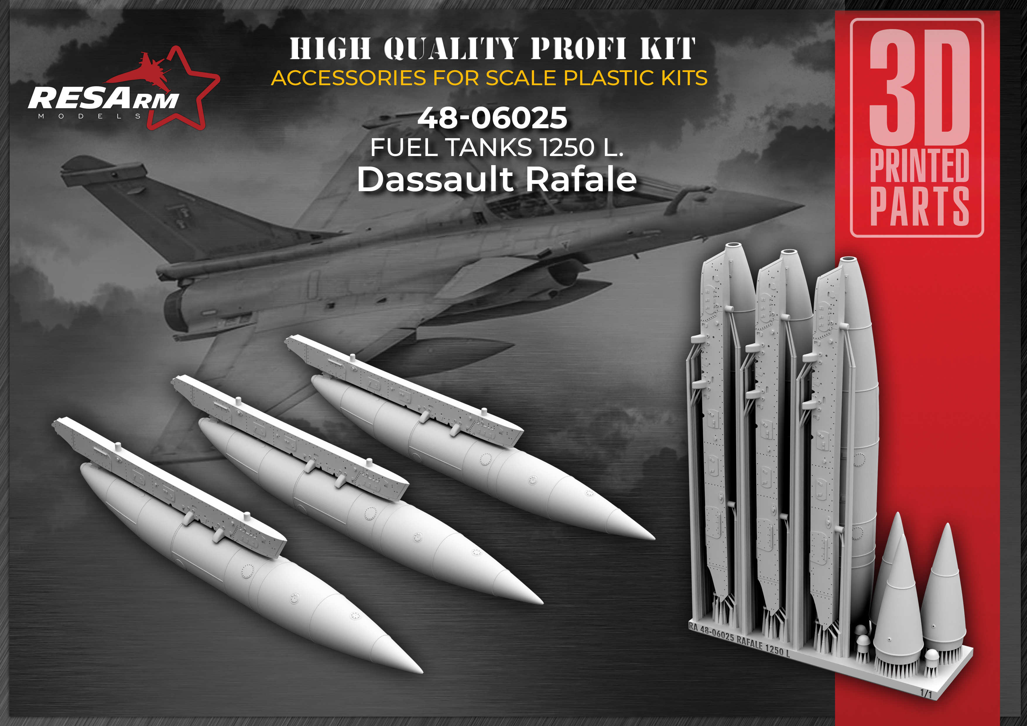 Additions (3D resin printing) 1/48 Dassult Rafale fuel tanks with a capacity of 1250 liters (RESArm)