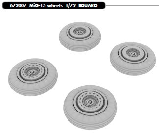 Additions (3D resin printing) 1/72 Mikoyan MiG-15 wheels with weighted tyre effect (designed to be used with Eduard kits)