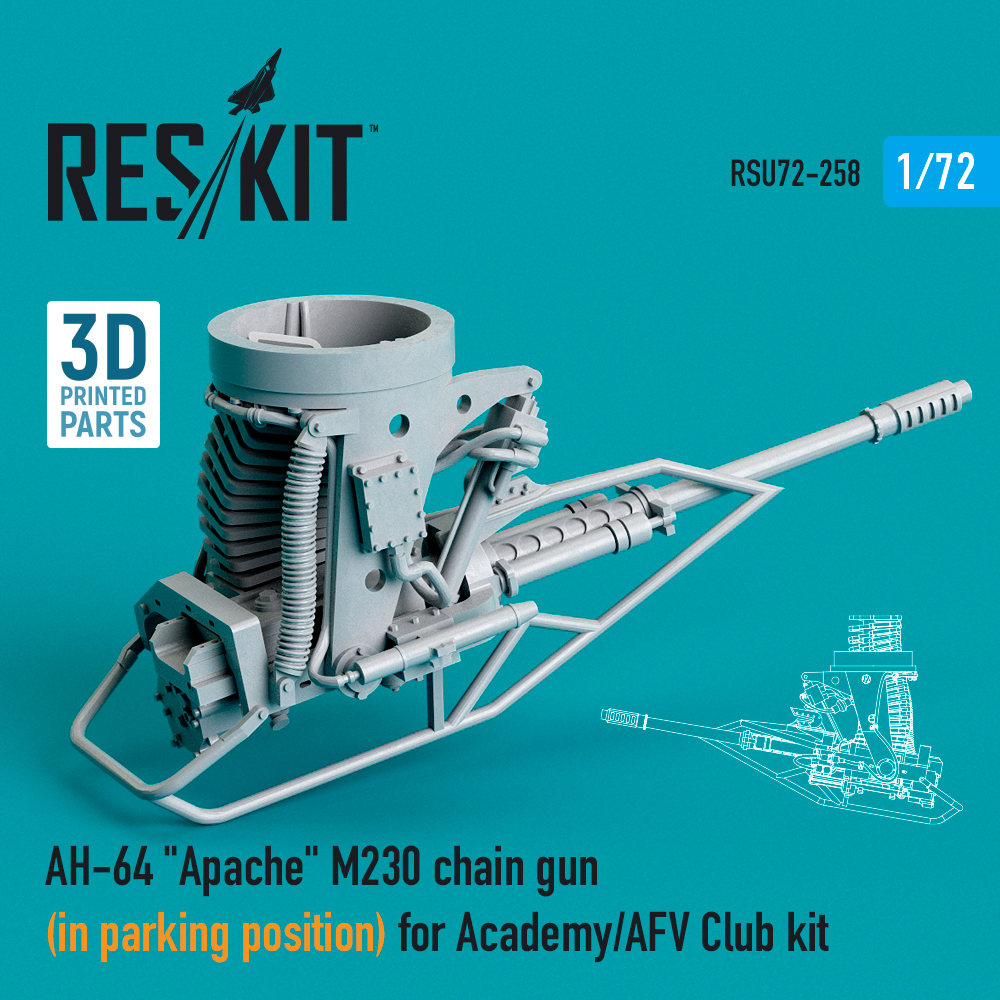 Additions (3D resin printing) 1/72 Boeing/Hughes AH-64 Apache M230 chain gun (in parking position) (ResKit)