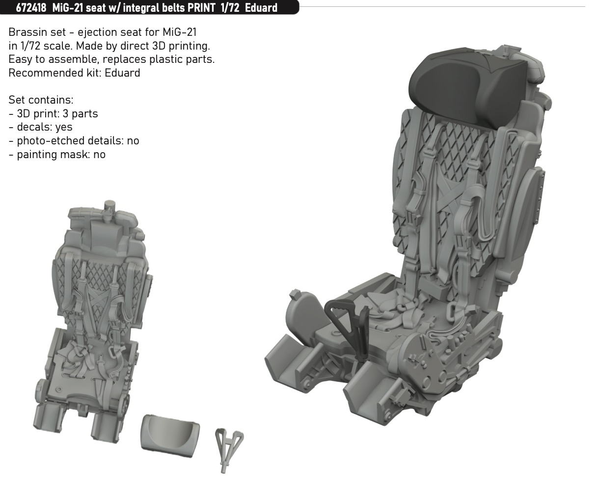 Additions (3D resin printing) 1/72 Mikoyan MiG-21 seat with integral belts 3D-Printed 1/72 (designed to be used with Eduard kits)