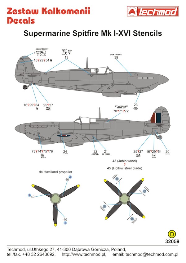Decal 1/32 Supermarine Spitfire Stencils [Mk.IIa Mk.VIII Mk.Vb Mk.IXc Mk.XVIe] (Techmod)