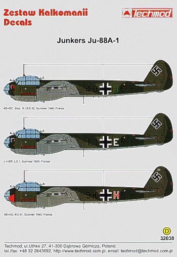 Decal 1/32 Junkers Ju-88A-1 (3) (Techmod)