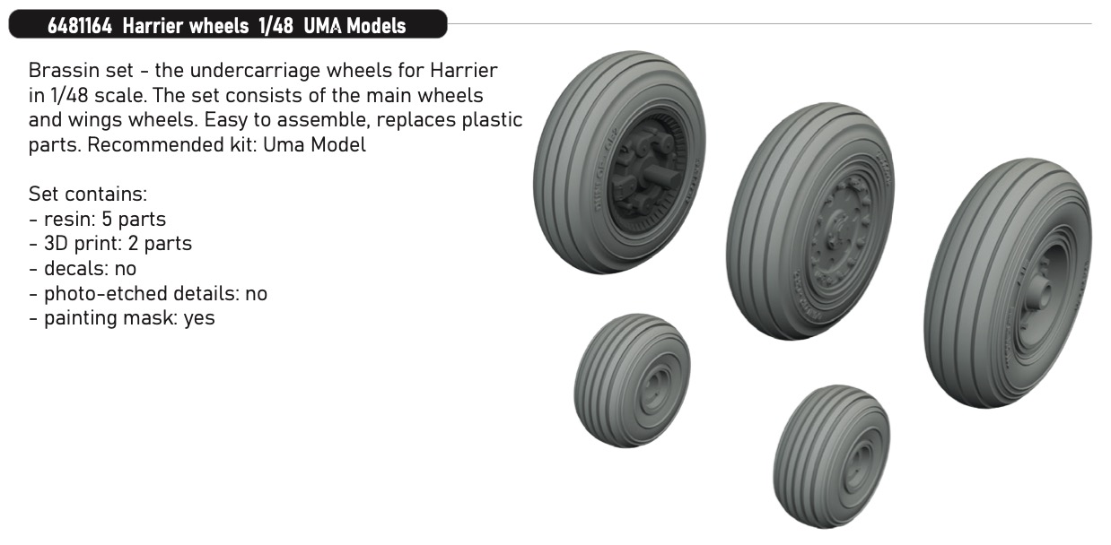 Additions (3D resin printing) 1/48 McDonnell-Douglas AV-8B Harrier wheels 1/48 (designed to be used with UMa Models kits)