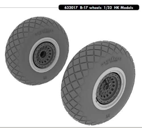 Additions (3D resin printing) 1/32       Boeing B-17G Flying Fortress wheels with weighted tyre effect (designed to be used with Hong Kong Models kits) 