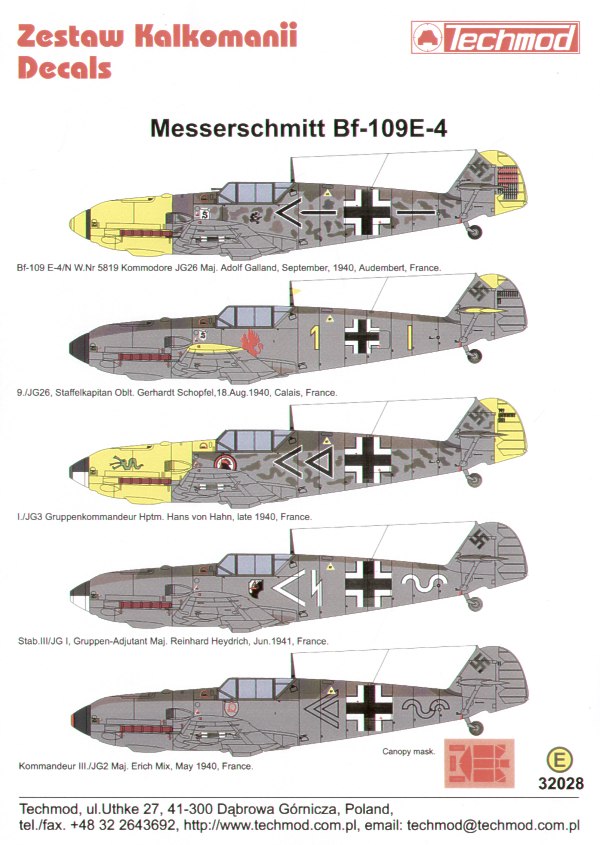 Decal 1/32 Messerschmitt Bf-109E-4 (5) Black (Techmod)