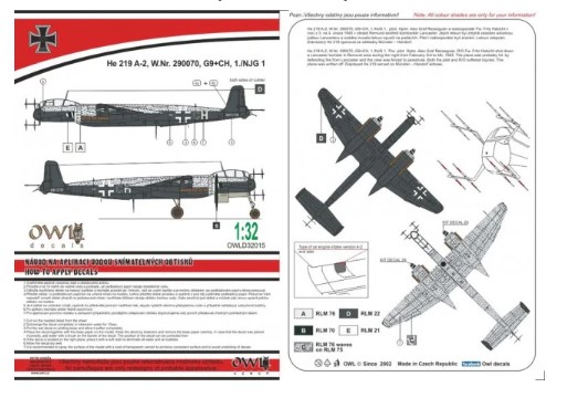 Decal 1/32 Heinkel He 219 A-2 (G9+CH) 1./NJG1 (Owl Decals)