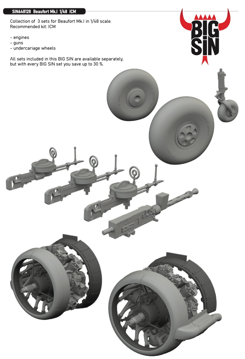 Additions (3D resin printing) 1/48 Bristol Beaufort Mk.I 1/48 (designed to be used with ICM kits)