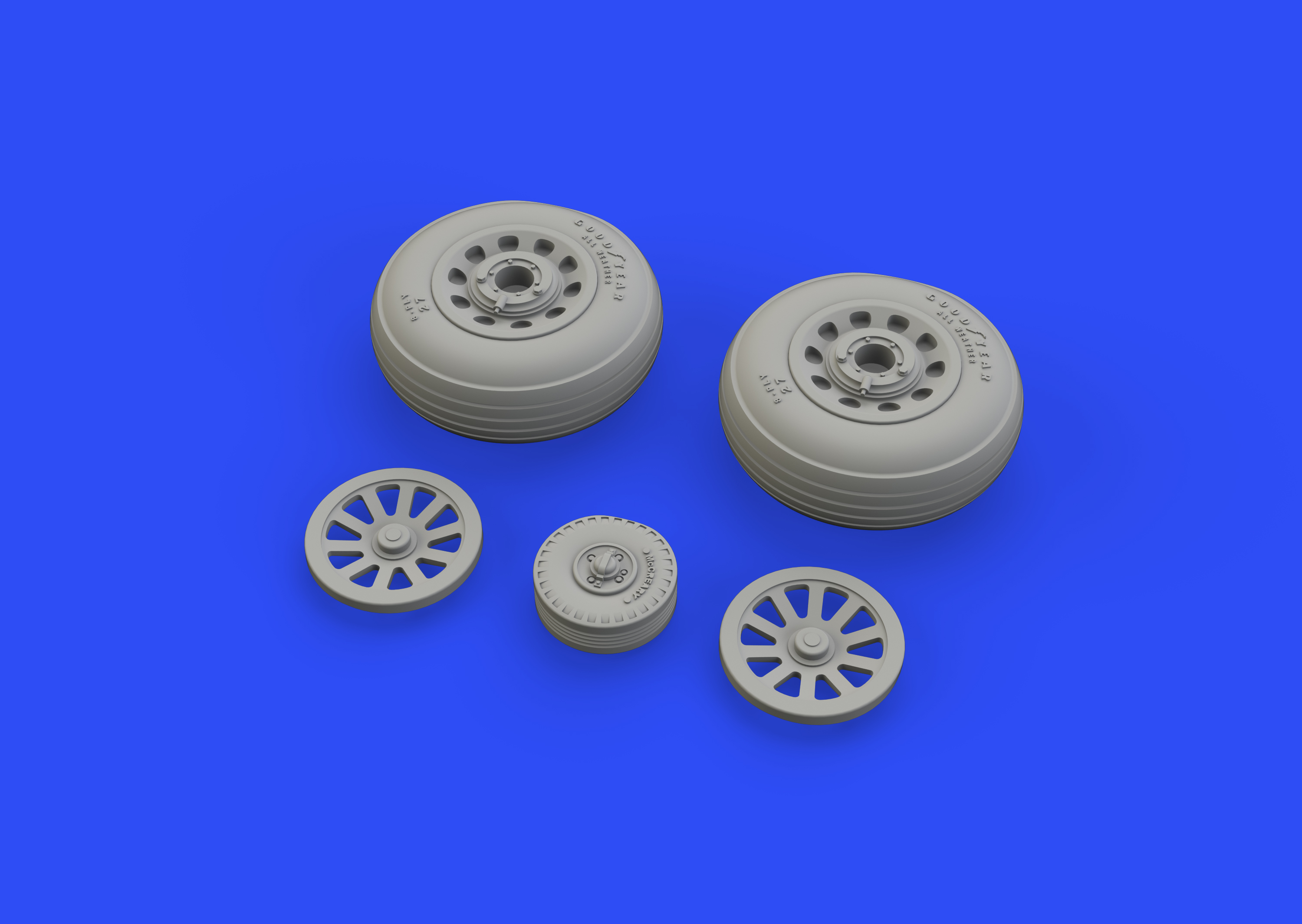 Additions (3D resin printing) 1/48       North-American P-51D Mustang wheels with weighted tyre effect grooved (designed to be used with Eduard kits)
