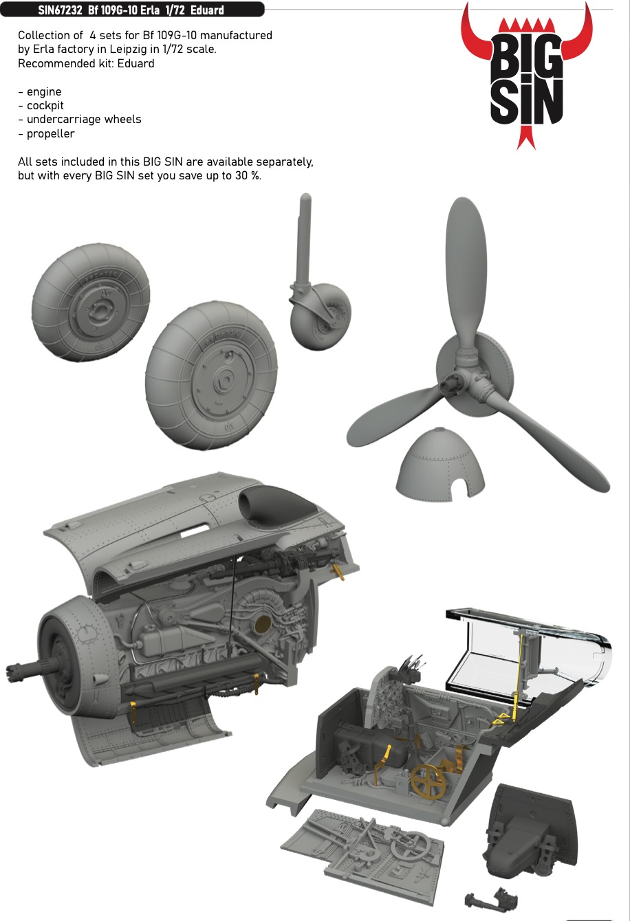 Additions (3D resin printing) 1/72 Messerschmitt Bf-109G-10 Erla (collection of 4 sets) (designed to be used with Eduard kits) 